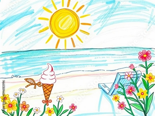 Child's drawing of a sunny summer day with a beach, ice cream, and flowers,  drawing,  vacation