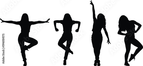 dance, dancer, silhouettes, woman, performance, movement, music, freestyle, hiphop, contemporary, energy, lifestyle, pose, black, vector, isolated, set, entertainment, motion, illustration