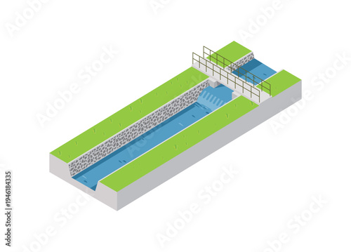 Falling water channel with small concrete bridge. Simple flat illustration in isometric view.