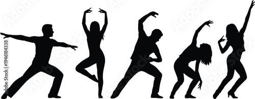 Dance silhouettes collection of men and women, dynamic ballet and modern dancers isolated black figures on white background