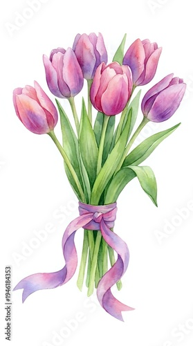 Watercolor tulip bouquet with purple ribbon on white background, spring flowers arrangement for greeting cards, wedding invitations and floral designs.