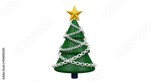 3D Green Christmas Tree with Golden Star and White Chain Decoration