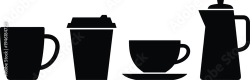 Coffee, cup, mug, takeaway, espresso, pot, beverage, drinkware, cafe, silhouette, vector, illustration, black, white, isolated, kitchen, restaurant, set, icon, collection