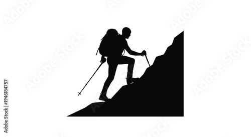 Silhouette of a hiker with trekking poles ascending a steep mountain slope carrying a backpack