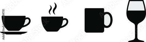 Coffee, cup, mug, wine, glass, beverage, drink, silhouette, icon, set, vector, illustration, black, white, isolated, cafe, kitchen, restaurant, minimal, collection