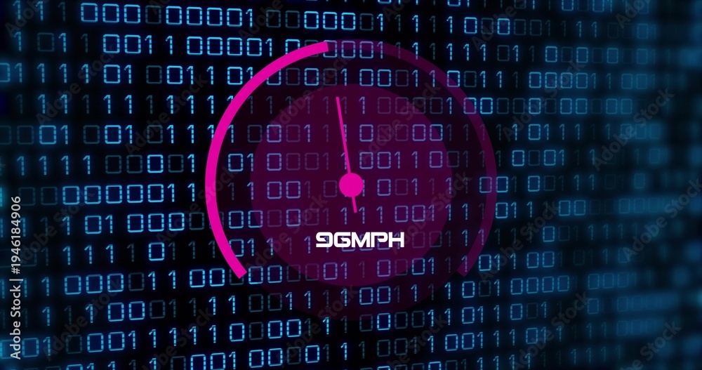 Fototapeta premium Displaying magenta circular gauge with needle and node over glowing binary digits, showing 96MPH