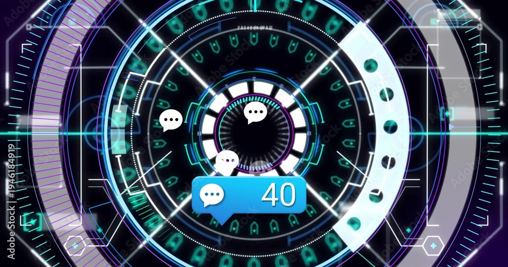 Fototapeta premium Rotating central HUD displaying core, segmented arcs, chat bubbles and blue badge 40 in interface