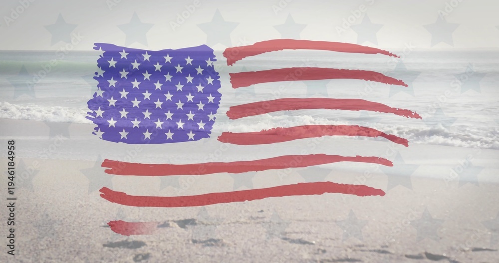 Fototapeta premium Displaying stylized American flag overlay drifting over sandy beach, showing prints and faint stars