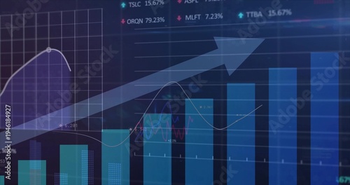 Displaying financial chart tracing rising blue bars and line graphs on screen, arrow showing gains