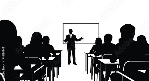 Silhouette of a teacher presenting information to students seated in a classroom setting