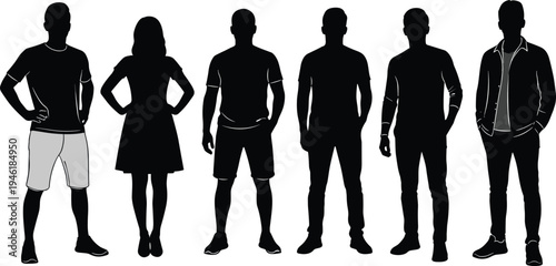 Collection of casual people silhouettes standing, diverse men and woman in different outfits isolated on white background illustration