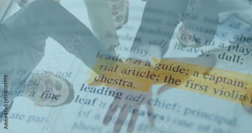 Leaning five colleagues working in office, highlighting leader on printed page, suits, eyeglasses