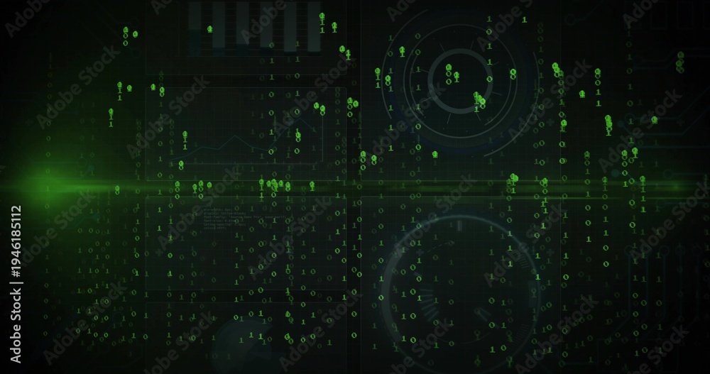 Fototapeta premium Displaying central digital HUD streaming over virtual interface, showing neon binary digits