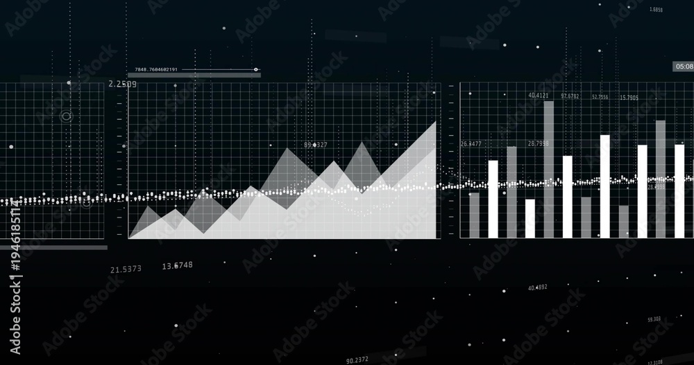 Naklejka premium Displaying dark dashboard showing layered area peaks, dotted baseline and vertical bars, gridlines