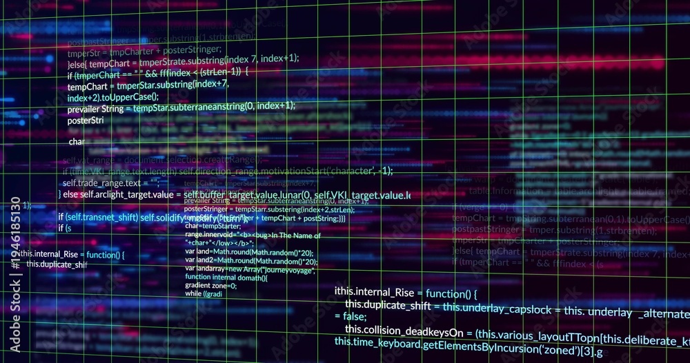 Fototapeta premium Displaying glitched neon grid and readable code on digital display, with magenta scanline bands