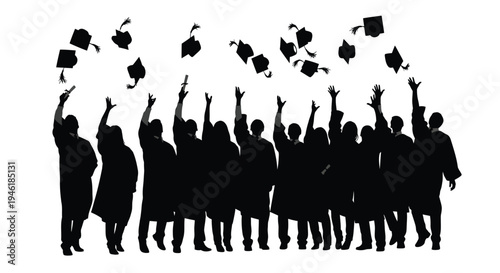 A large group of excited graduates celebrating their academic success by tossing graduation caps high.