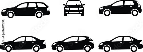 Collection, of, car, silhouettes, multiple, sedan, hatchback, and, wagon, views, isolated, on, white, background, transport, vehicle, vector, illustration, set, design