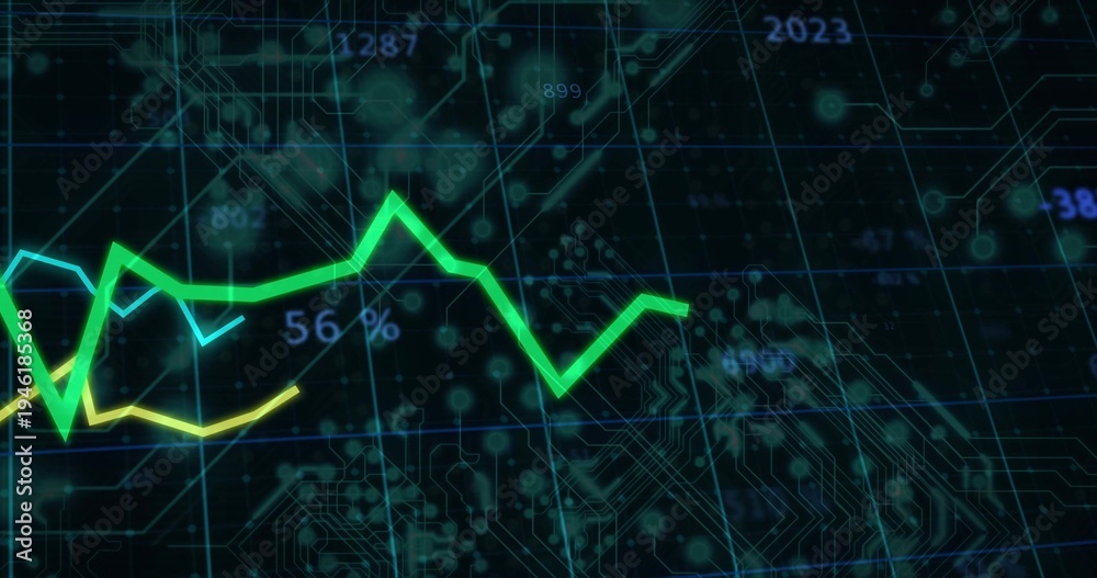 Fototapeta premium Showing neon green jagged graph running across digital dash, with PCB traces, grid, labels, nodes