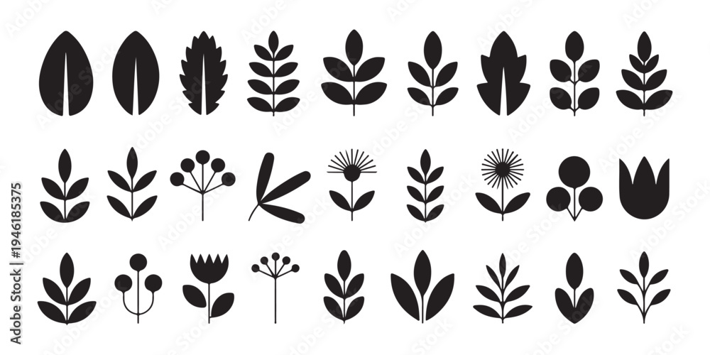 Fototapeta premium Collection of nature elements leaves flowers berries vector icons set on white background