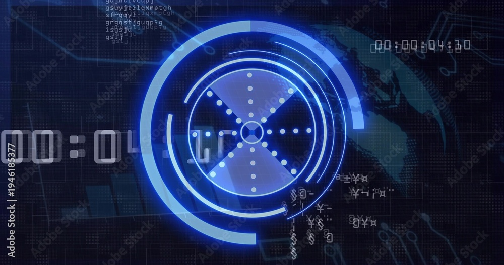 Obraz premium Showing central blue HUD pulsing in digital console, displaying rings, radial X, grid, timestamps