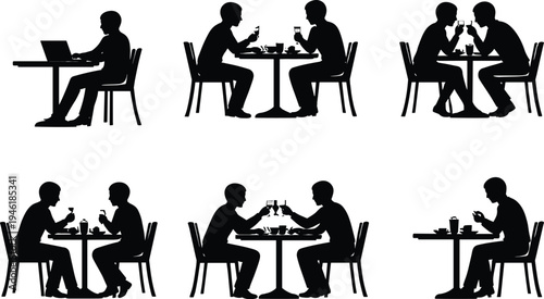 Collection, of, dining, people, silhouettes, men, sitting, at, table, eating, drinking, conversation, isolated, on, white, background, lifestyle, vector, illustration, set