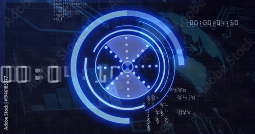 Showing central blue HUD pulsing in digital console, displaying rings, radial X, grid, timestamps