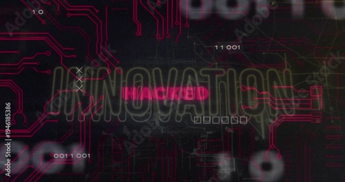 Magenta HACKED text glowing and glitching over INNOVATION on dark cyber screen showing neon traces