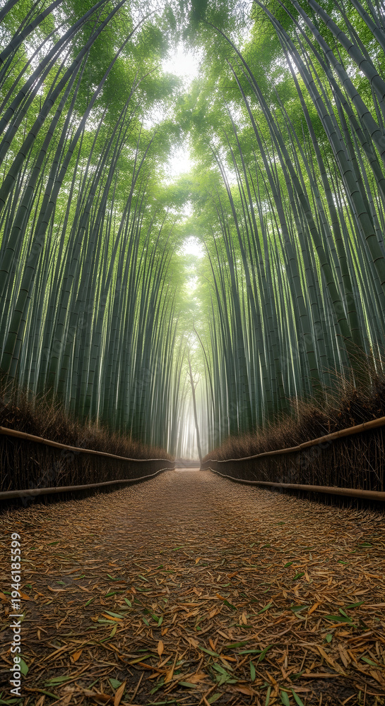 Fototapeta premium A Verdant Pathway Through a Serene Bamboo Forest with Sunlight Filtering Through the Canopy