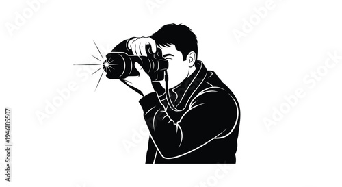 Black and white vector illustration of a photographer taking a picture with a professional camera and flash.