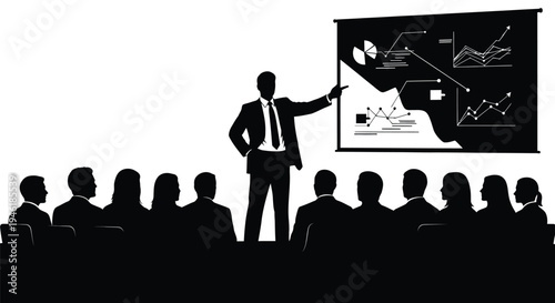 Professional businessman presenting important data and charts to an attentive audience in a corporate seminar.