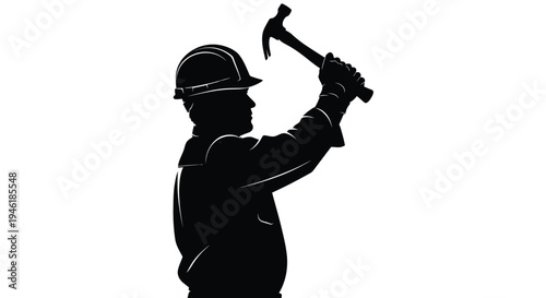 Silhouette of a construction worker wearing a hard hat holding a claw hammer high above his head