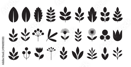 Collection of diverse black botanical icons, leaves, berries, and flowers, simple graphic symbols for design