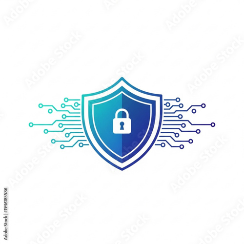 A blue shield with a white lock and circuit lines on isolated for security concepts