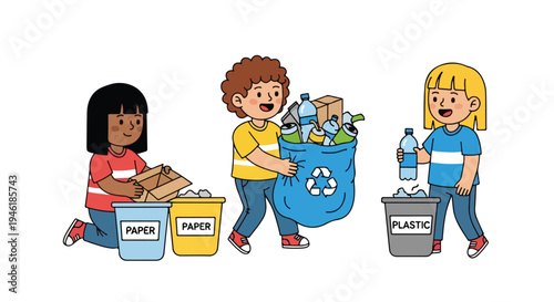 Three diverse children actively participate in recycling, sorting paper and plastic into designated bins and carrying a bag of mixed recyclables.