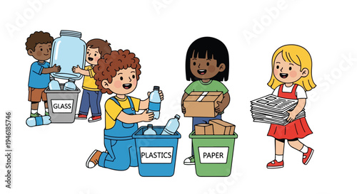 A group of smiling children diligently recycle various materials like glass, plastic, and paper into separate bins, teaching eco-friendly habits.
