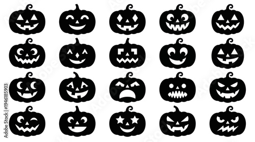Collection of Spooky Halloween Pumpkin Silhouettes with Various Facial Expressions.