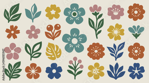 Collection of Stylized Floral Elements and Leaves in Various Colors.