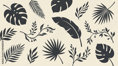 Collection of Tropical Leaves and Botanical Elements in Silhouette Style.