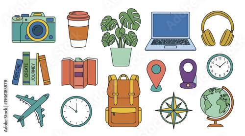 Collection of travel and leisure themed items for a journey.