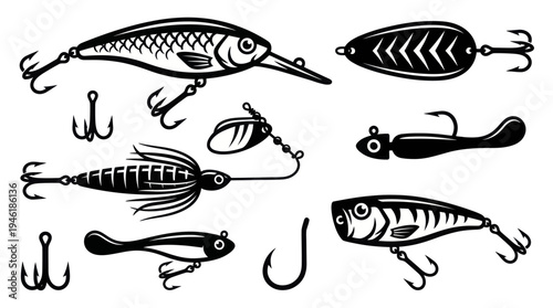 Collection of various fishing lures and hooks for angling sport.
