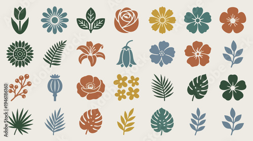 Collection of various stylized floral and leaf designs in earthy tones.