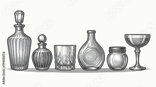 Collection of various glass bottles and drinkware in a row.