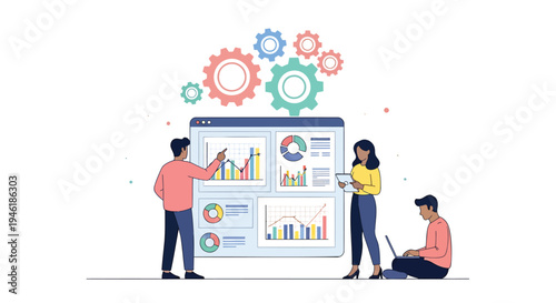 Vector illustration of people analyzing data on a large screen with charts and gears