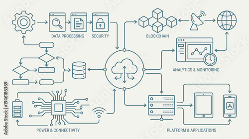 Complex Technology Flowchart Illustrating Data Processing and Connectivity.