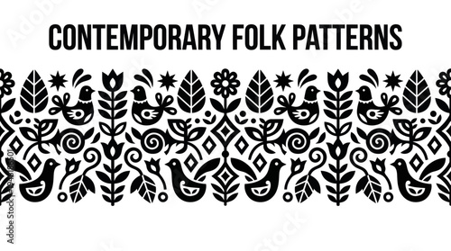 Contemporary Folk Patterns Black and White Seamless Border Design.