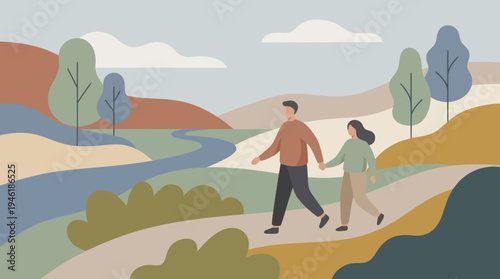 Couple holding hands walking on a path.