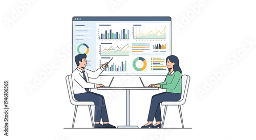 Vector illustration of two business people analyzing data on laptops
