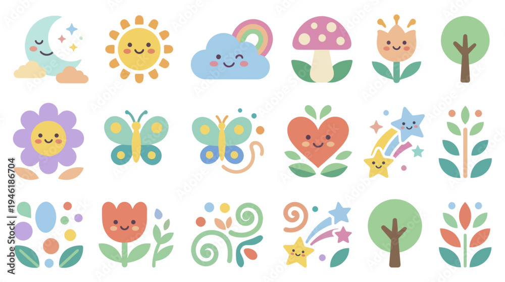 Fototapeta premium Cute Kawaii Style Nature Elements and Celestial Icons Collection.