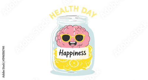 Vector illustration of happy brain in jar, health day concept