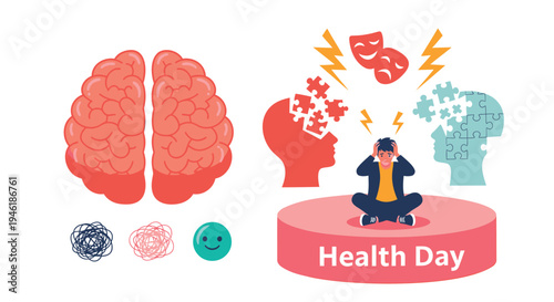 Mental Health Day vector illustration with brain and emotions